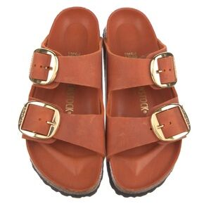Birkenstock Arizona Big Buckle Slides Sandals Burnt Orange Gold Buckles Size 10
